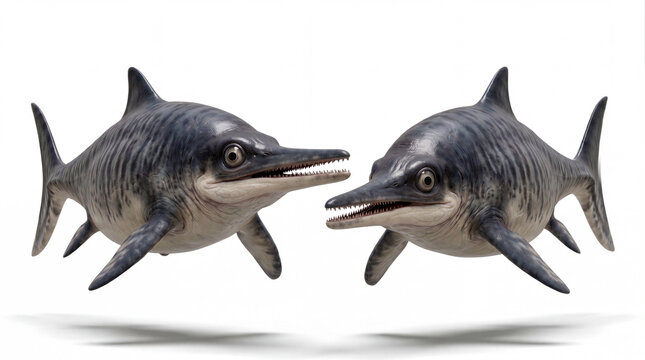 Ichthyosaurus communis pair interaction isolated on white background, detailed prehistoric marine scene showing social behavior and interaction between two marine reptiles.
