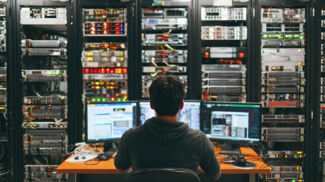 It professional working at a desk with multiple computer monitors in front of a large server room filled with network equipment