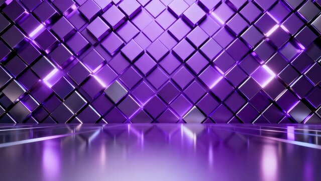 Purple geometric cube wall and reflective floor
