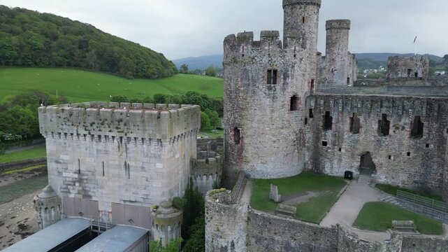 Aerial view of medieval Conwy Castle, Wales