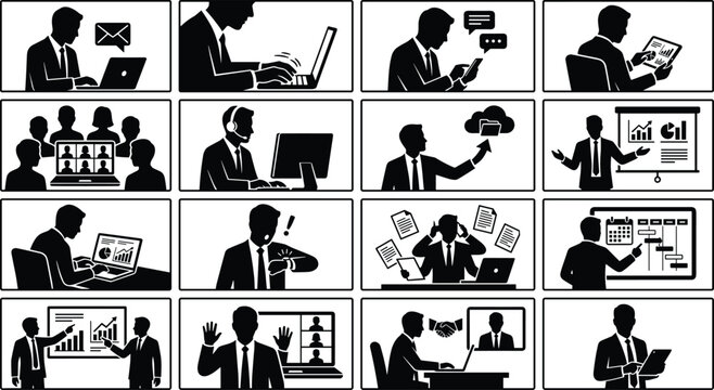 Modern business communication silhouette icon set featuring remote work online meetings analytics and digital office activities