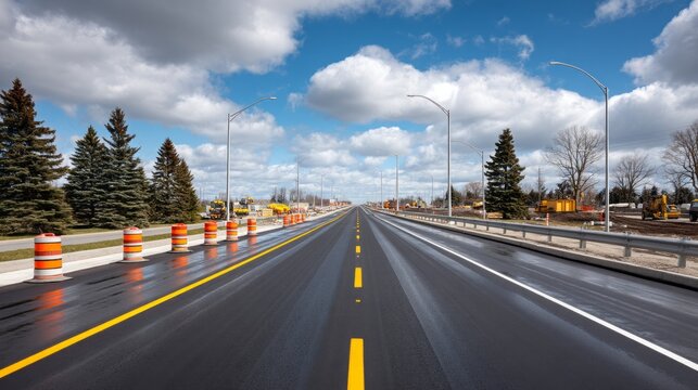 A fresh blacktop road winds into the horizon, gleaming under the vibrant sun. Orange barriers line the sides, while trees stand tall, adding a touch of nature to the scene