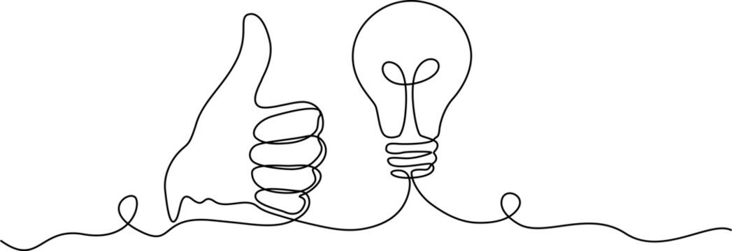 Continuous one line drawing of Creative idea, innovation concept, line art, hand with thumb up, light bulb vector icon