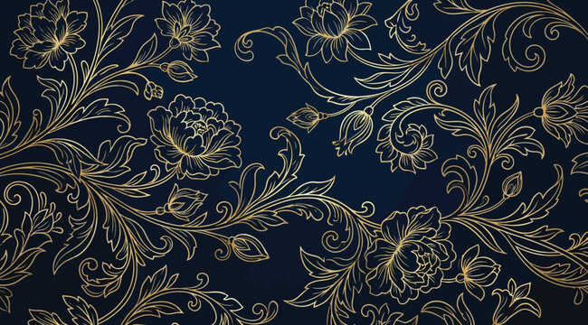 Elegant seamless pattern with golden floral ornament on dark blue background