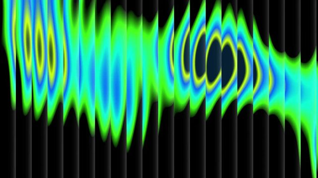 Glass panels ripple with neon green and blue light. Dark background intensifies the glowing, fluid motion. Vertical lines bend and pulse in rhythmic