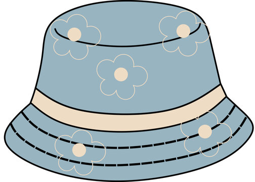 Blue floral bucket hat with cream band and flower patterns