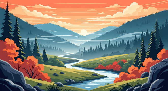 Vector landscape illustration of an autumn mountain valley featuring a winding river, layered hills, evergreen pine trees, and orange fall foliage under a sunset sky with clouds.