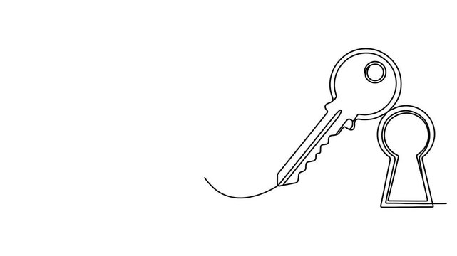 Continuous line art drawing of a key and keyhole.