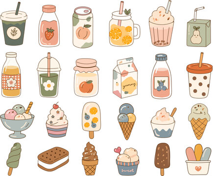 Assorted Desserts and Drinks Collection with Fruits and Ice Cream Treats