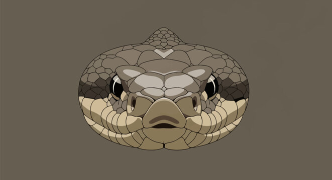 Macro front-facing vector illustration of a snake head, highlighting the symmetrical scale patterns, snout nostrils, and dark eyes in earth-tone shades of brown and beige.