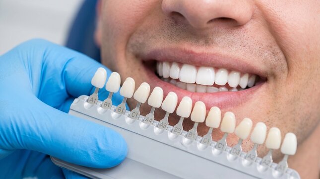 Close-up of a smiling male patient with perfect white teeth while a dentist in a blue glove holds a dental shade guide to match the color for veneers or whitening.