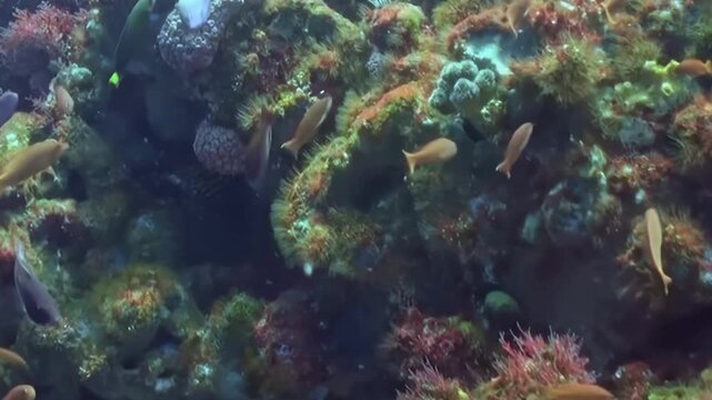 Glimpse a breathtaking coral reef teeming with vibrant fish under the tropical sun. Observe the majestic underwater world thrive with rich marine biodiversity during a bright day.