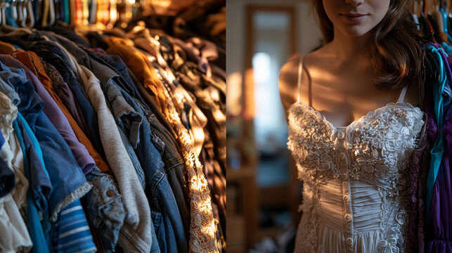 Before and after concept visualized through two wardrobes side by side, one crowded with oversized clothing, the other with fitted structured garments, warm indoor lighting, a full-length mirror ref