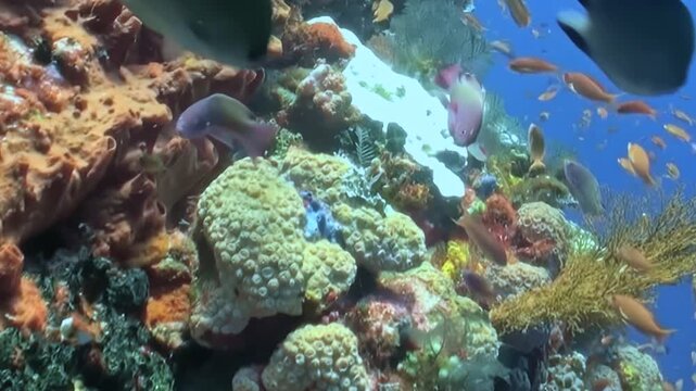 Sunlight filters through blue waters, illuminating a thriving coral garden. Schools of orange and pink anthias dart around diverse coral formations, showcasing a vibrant ecosystem.