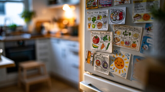 Child's eye perspective looking up at a tall refrigerator door covered in handwritten food charts and colorful stickers tracking healthy meals, a small stool nearby, ideal for kids nutrition habits,