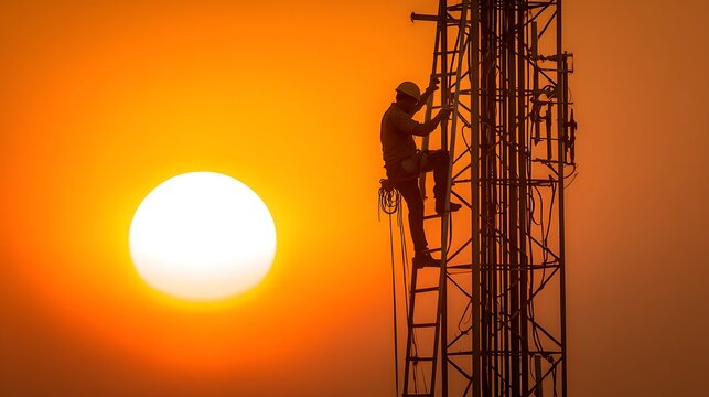 Silhouette of a telecommunications technician climbing a cell tower at sunset.