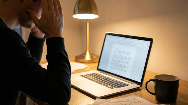 Stressed man holding his head while working on a laptop at a desk, writer's block or burnout concept in a dimly lit home office.