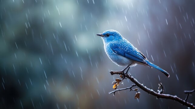 Bluebird in Rain, Forest Background, Still, Nature