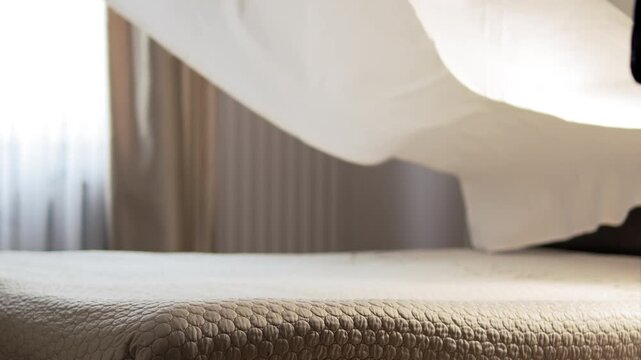 In the hotel room, steward tucks the sheet into the double bed with his hands