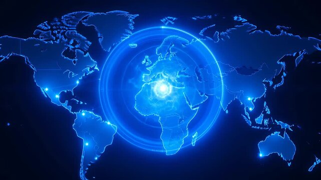 Global Network Connection With Digital Blue Earth Globe Glowing From Europe With Concentric Circles And City Lights Spread Across Continents On Dark Background