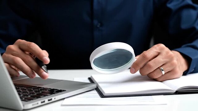 Professional conducting in-depth analysis of financial documents and digital data with laptop and magnifying glass. Essential for business audit, risk assessment, compliance, and strategic...