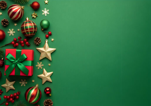 Christmas background with red gift box, ornaments, stars and pine cones on green surface