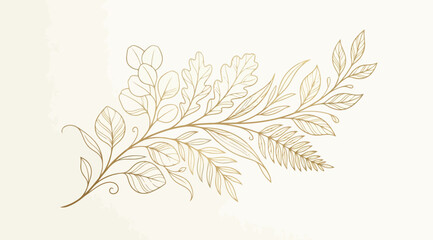 Golden line art botanical branch with various leaves © S.Siam