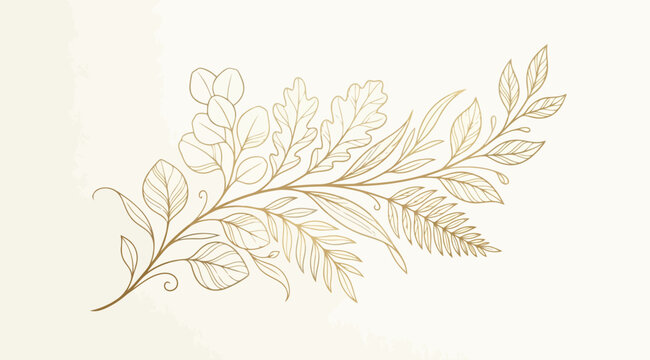 Golden line art botanical branch with various leaves