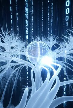 Glowing Blue Digital Brain Network with Binary Code Falling and Neural Connections Abstract Background Futuristic Technology Concept