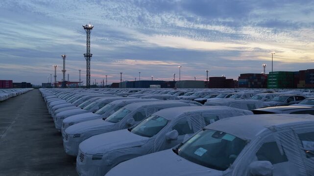Ground level view of cars parked in dense rows at vehicle export terminal