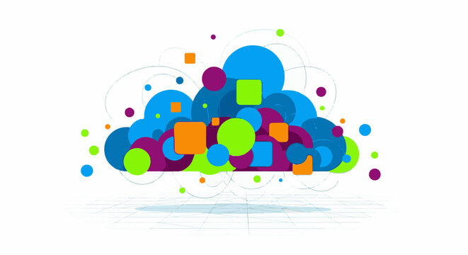 Colorful abstract cloud of circles and squares on a white grid