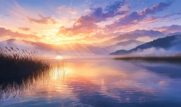 光の筋が差し込む夕暮れの山々と湖の柔らかな水彩画風背景、ドラマチックな自然の絶景イラスト