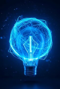 Glowing Blue Light Bulb Illuminated with Digital Network Energy and Particles on Dark Background Symbolizing Innovation and Ideas
