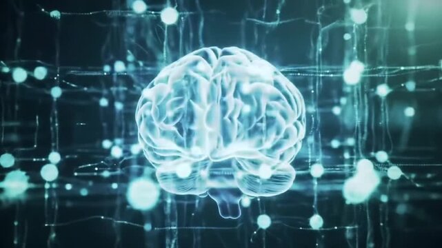 Futuristic glowing human brain connected to digital neural network lines on a dark blue background