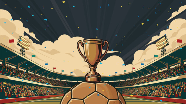 Golden trophy and soccer ball with confetti in the stadium for champion celebration retro style
