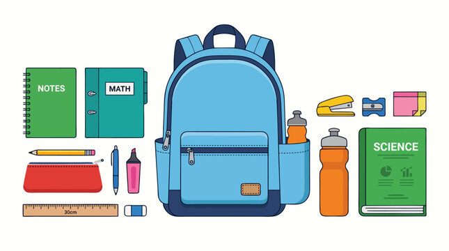 School backpack with supplies arranged neatly, minimalist 2d flat illustration style, on a white background