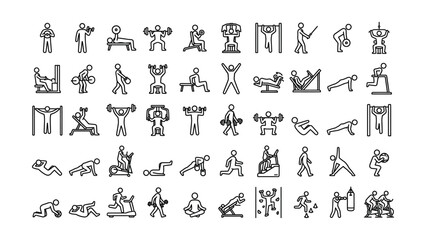 Obraz premium Stick figure icons of people doing various exercises and workouts with dumbbells and machines fitness and sports