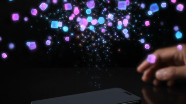 Smartphone touchscreen with glowing particles interaction on black background
