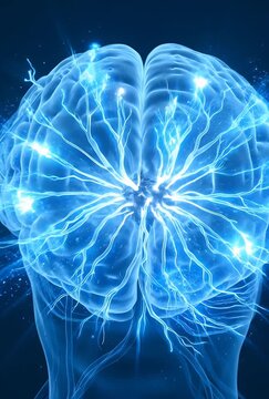 Glowing Blue Neural Network Brain Activity with Electric Pulses and Synapses on Dark Background