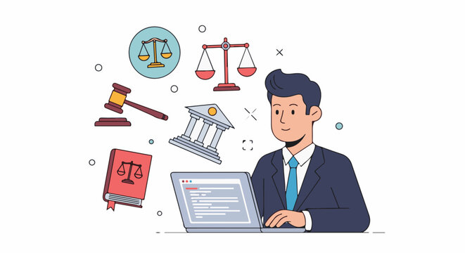 Cartoon lawyer with legal symbols and laptop