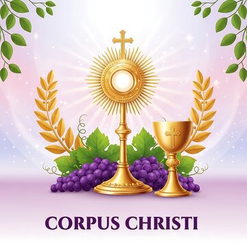 Corpus christi celebration with gold monstrance and chalice surrounded by grapes and leaves on a pink background with green vines