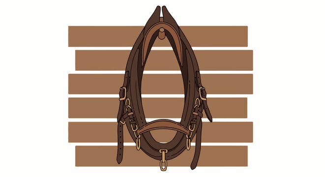 Brown leather horse collar with metal buckles hangs on a striped background
