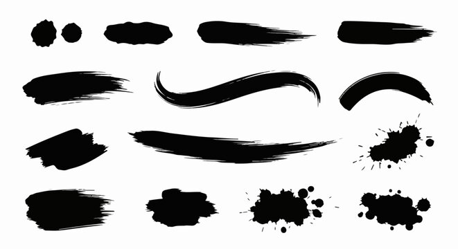 Collection of black brush strokes, splatters, and paint smudges