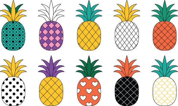 Colorful pineapple collection with decorative patterns, tropical fruit illustrations in cute flat vector style isolated background