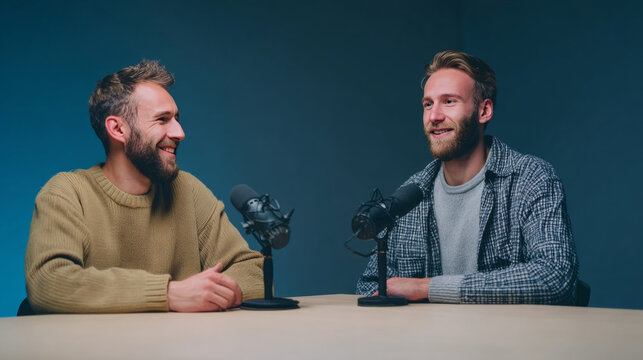 Two men recording podcast conversation