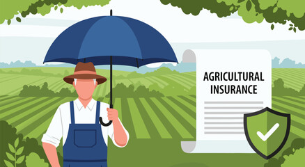 An agricultural insurance vector illustration showcasing farmer under umbrella with document and shield on lush green fields and trees © Purnomo Semlirick