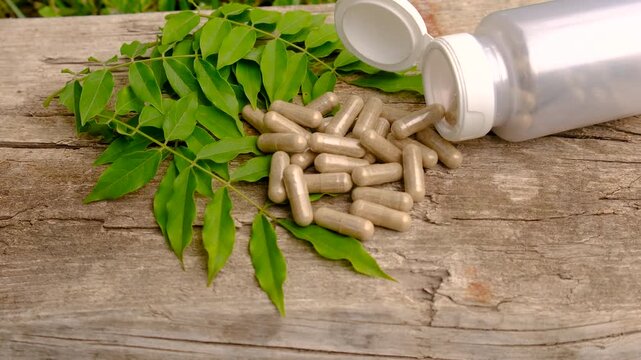 Moringa essential oil and supplements. Selective focus.