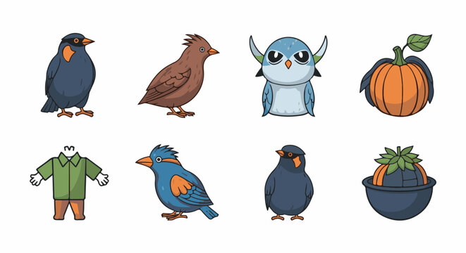 Collection of cartoon birds, a gourd, and an outfit on a white background