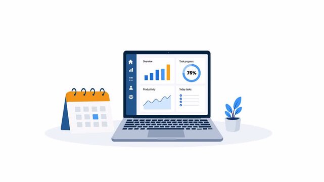 Business analytics dashboard concept with laptop screen charts graphs calendar and productivity elements, flat 2d illustration isolated on transparent background with alpha channel