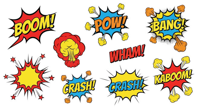 Comic book sound effects, explosion, action bubbles